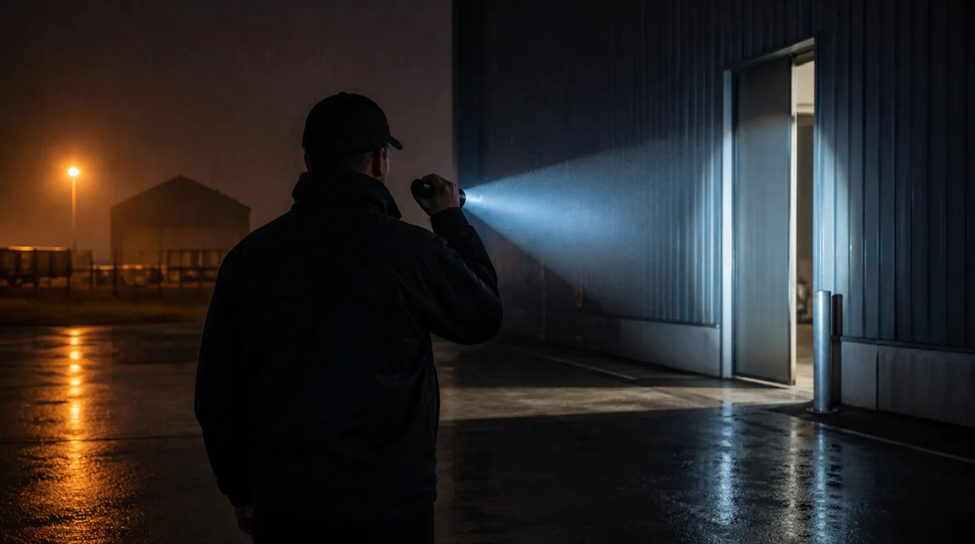 Agent de sécurité contrôlant un entrepôt la nuit