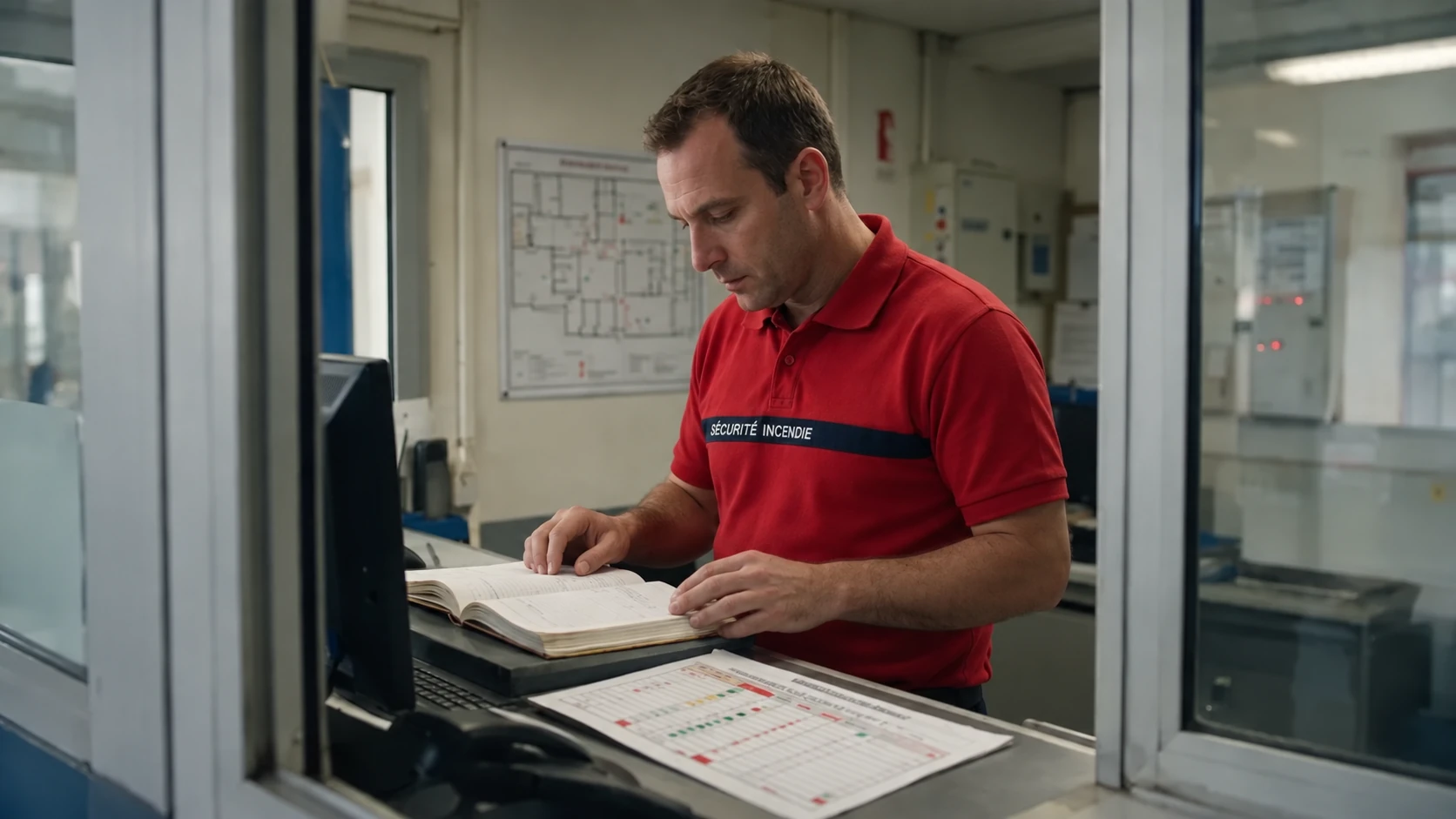 Illustration : agent de sécurité incendie en polo rouge consultant un registre