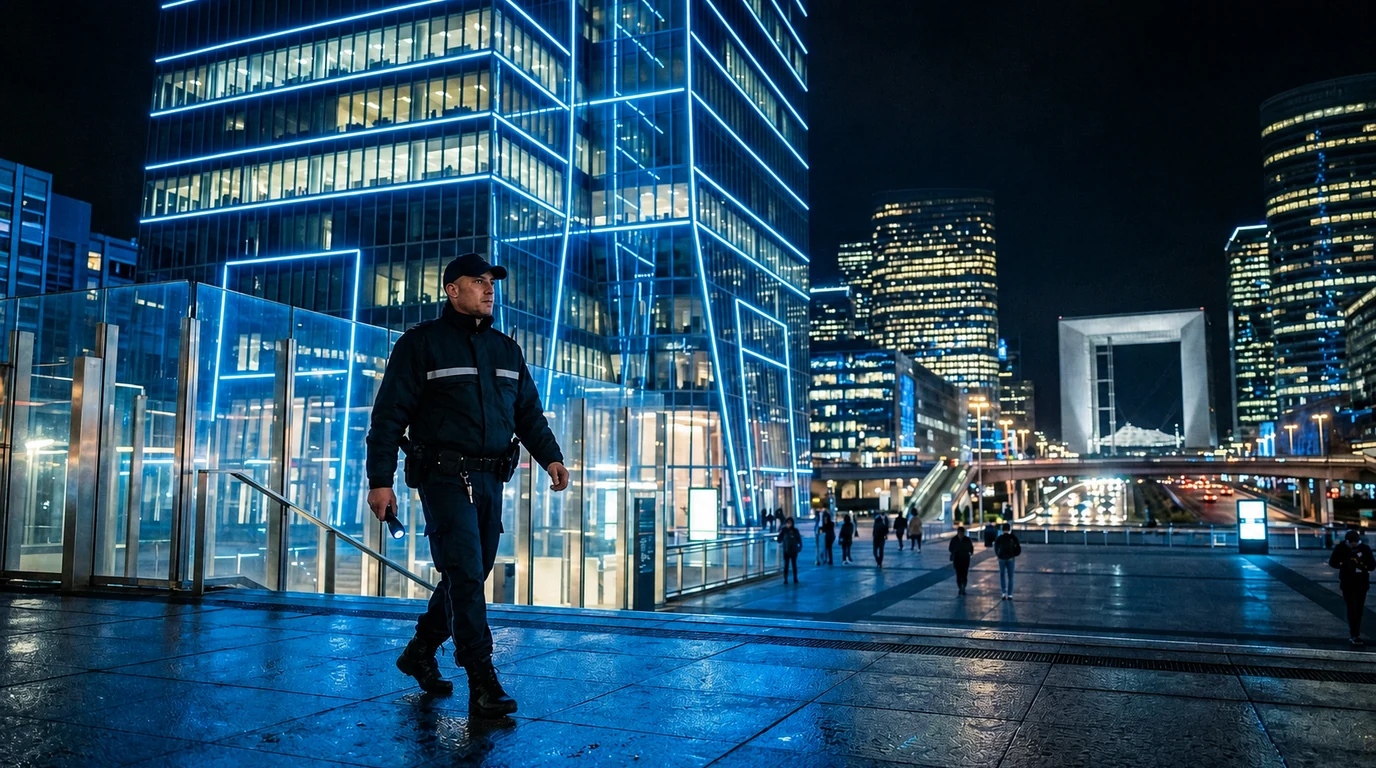 Agent de sécurité dans un quartier de bureaux