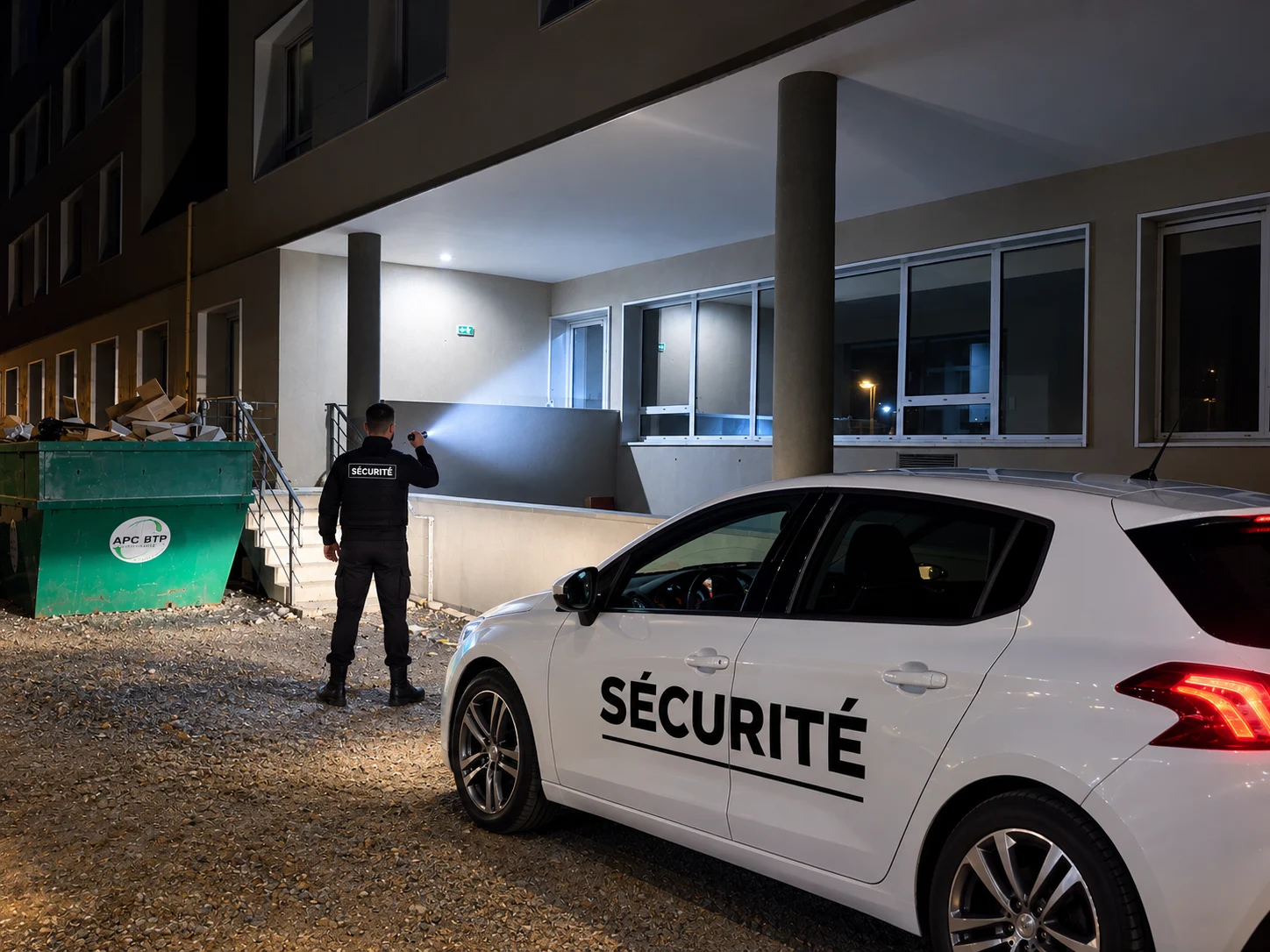 Agent en ronde nocturne avec une lampe devant un bâtiment et un véhicule de sécurité